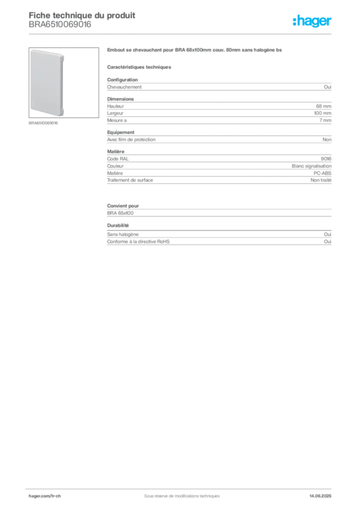 Image Hager Fiche technique du produit BRA6510069016 | Hager Suisse