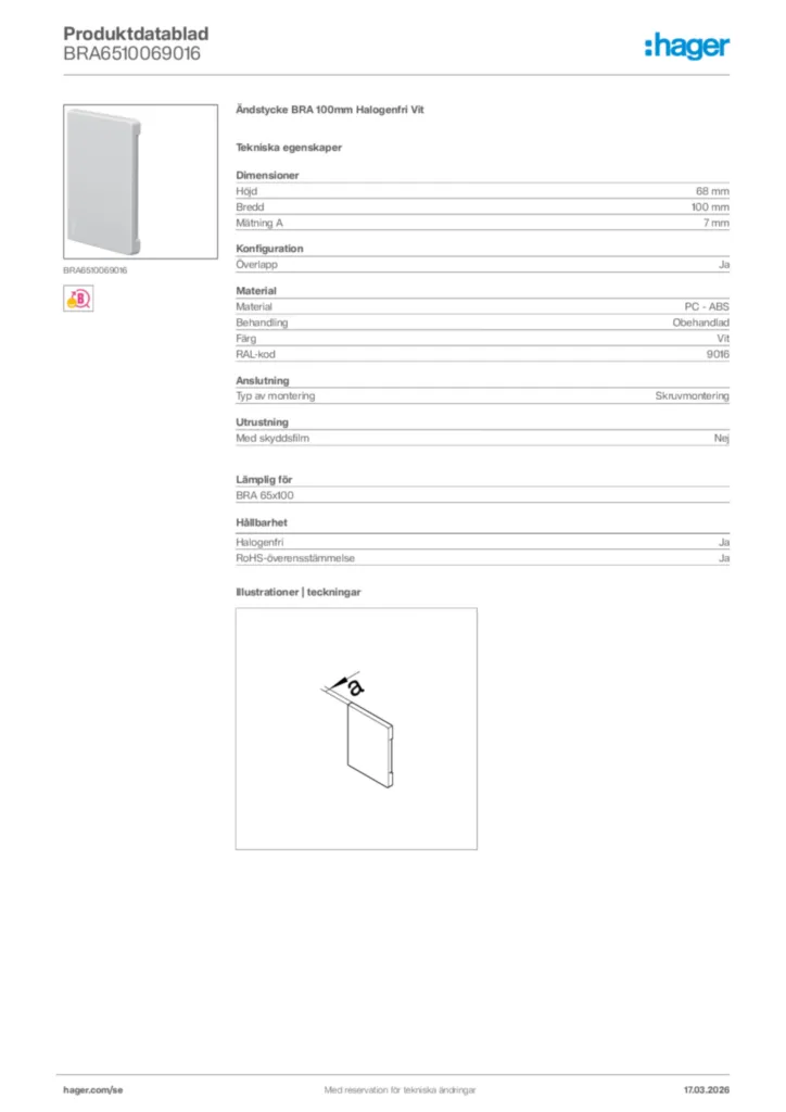 Bild Hager Produktdatablad BRA6510069016 | Hager Sverige