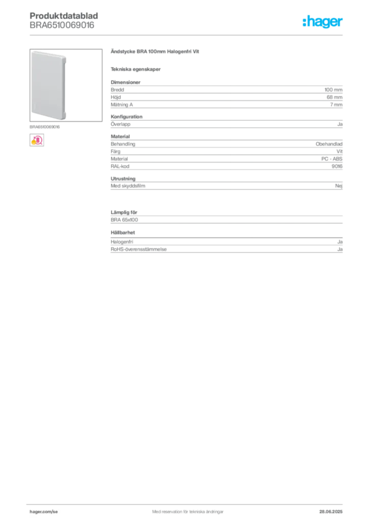 Bild Hager Produktdatablad BRA6510069016 | Hager Sverige