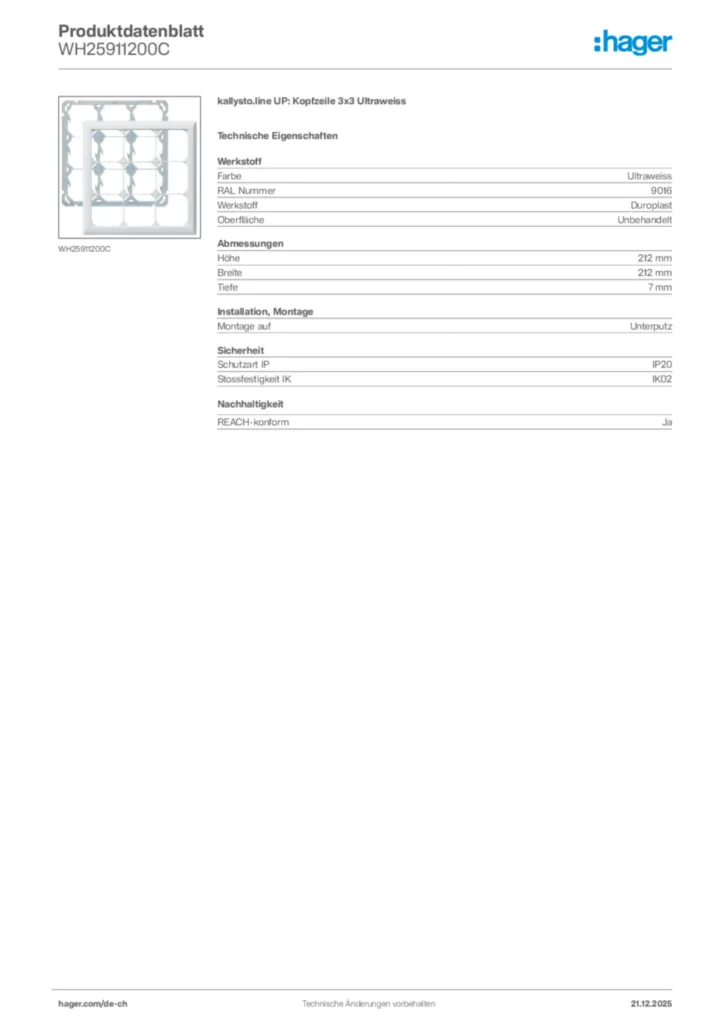 Bild Hager Produktdatenblatt WH25911200C | Hager Schweiz