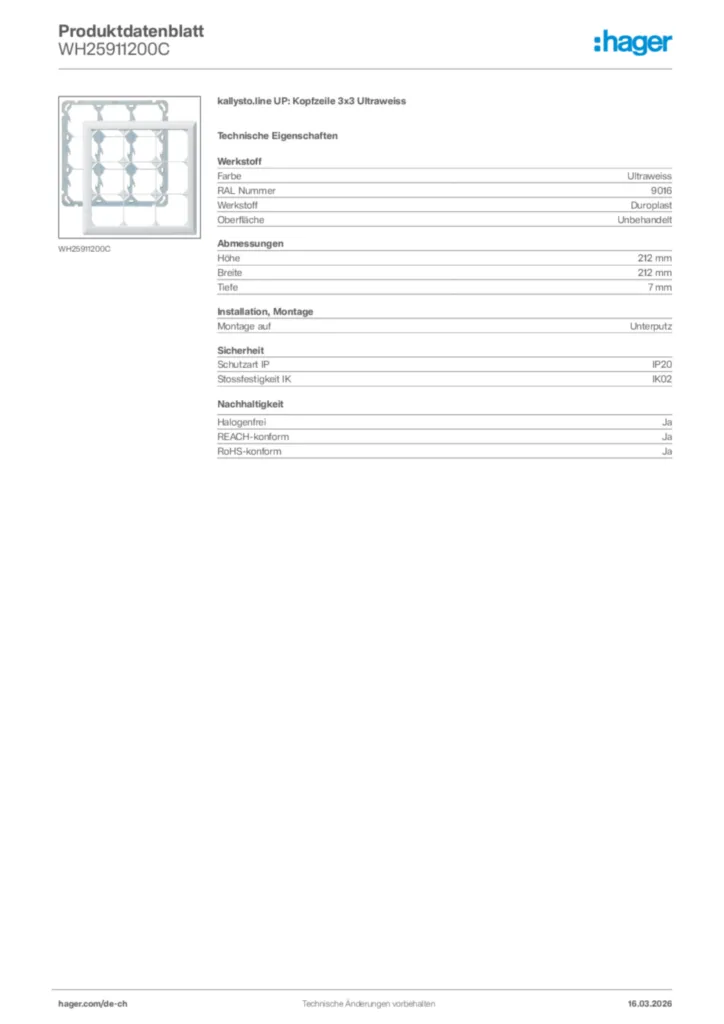 Bild Hager Produktdatenblatt WH25911200C | Hager Schweiz