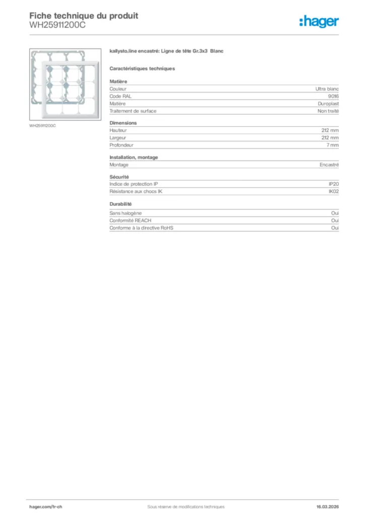 Image Hager Fiche technique du produit WH25911200C | Hager Suisse