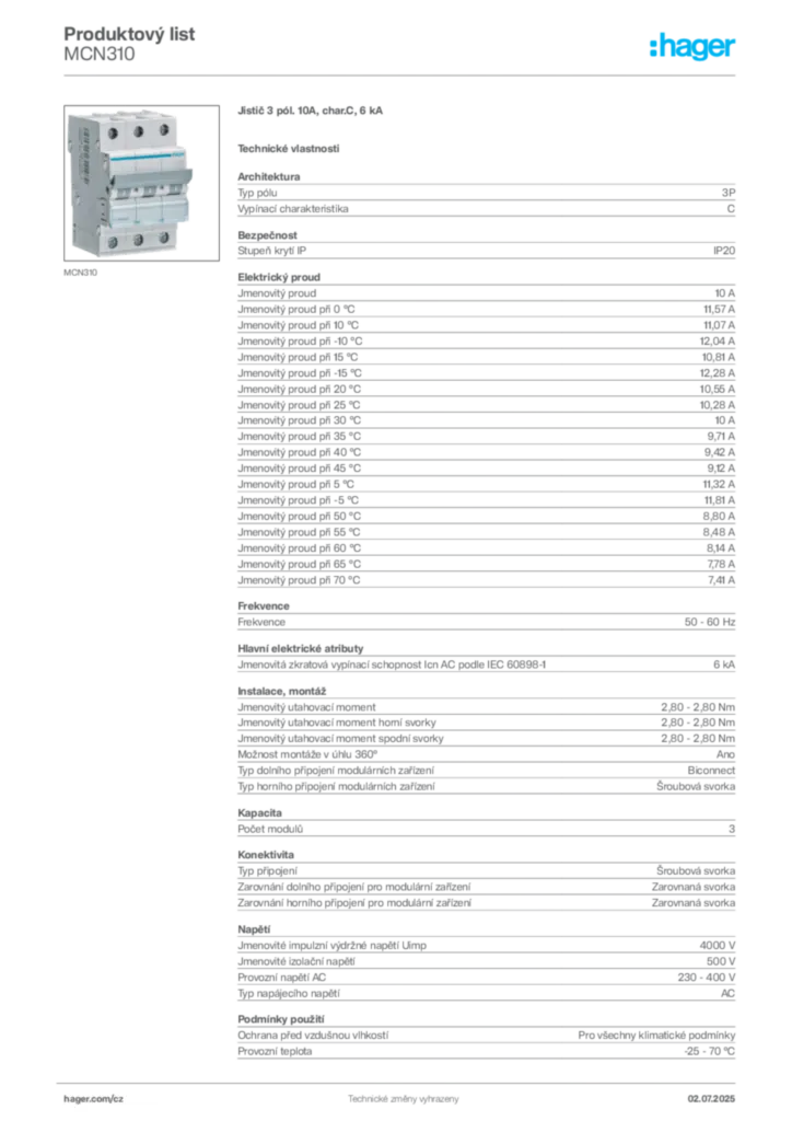 Obrázek Hager Produktový list MCN310 | Hager