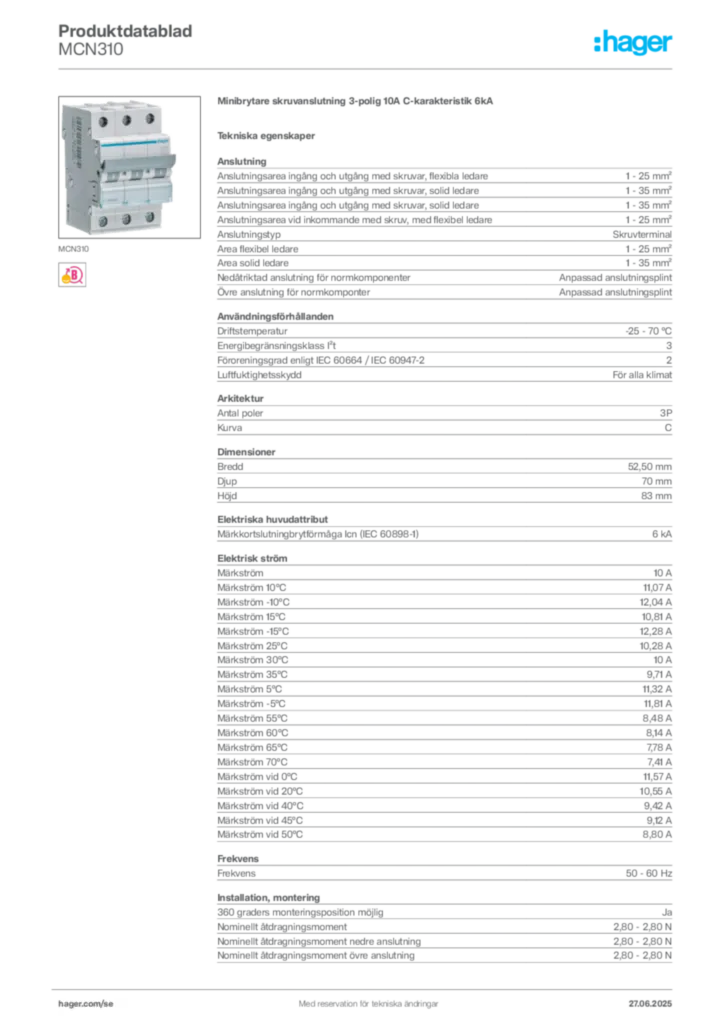 Bild Hager Produktdatablad MCN310 | Hager Sverige