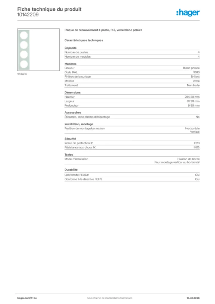 Image Hager Fiche technique du produit 10142209 | Hager Belgique