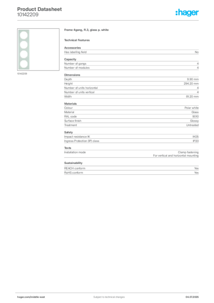 Image Hager Product data sheet 10142209  | Hager