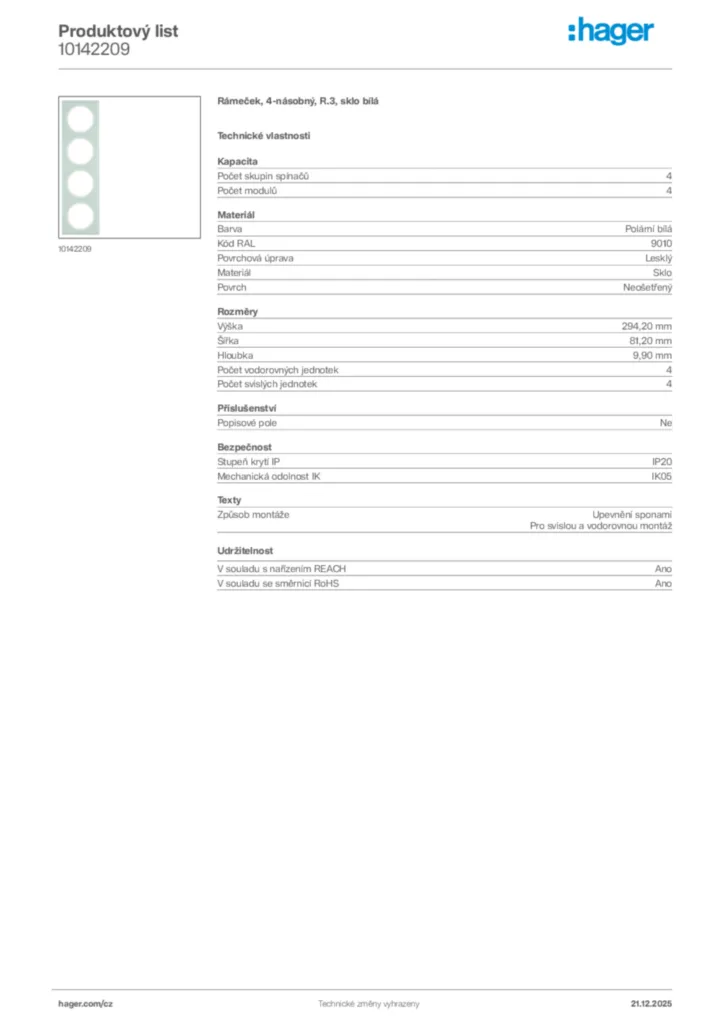 Obrázek Hager Produktový list 10142209 | Hager