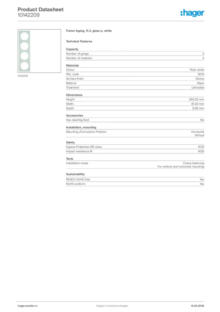 Image Hager Product data sheet 10142209  | Hager