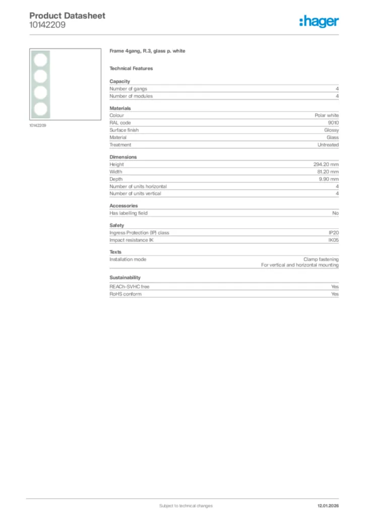 Image Hager Product data sheet 10142209  | Hager