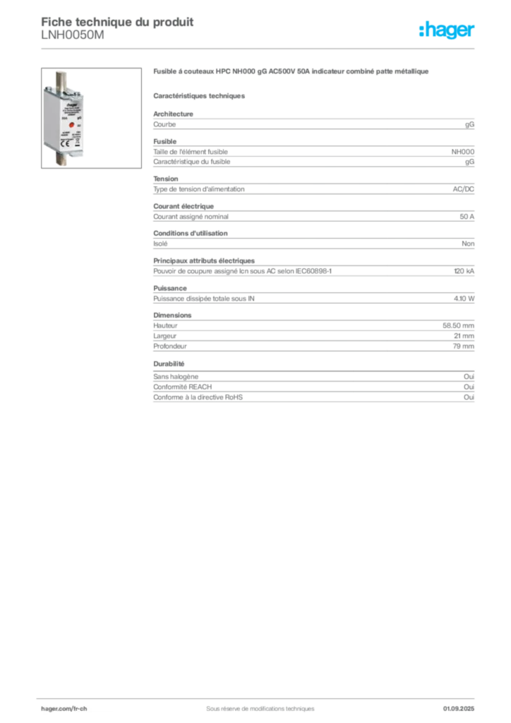 Image Hager Fiche technique du produit LNH0050M | Hager Suisse