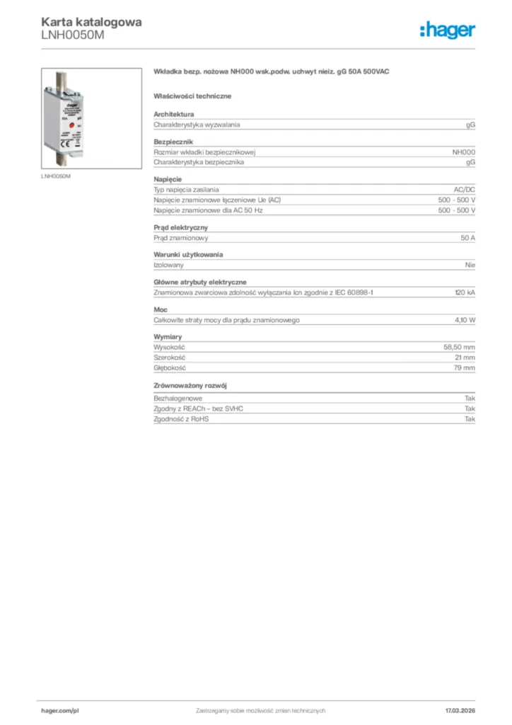Zdjęcie Hager Karta katalogowa LNH0050M | Hager Polska