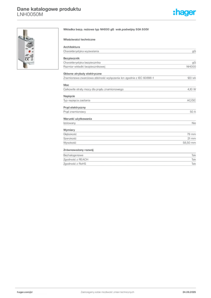 Zdjęcie Hager Dane katalogowe produktu LNH0050M | Hager Polska