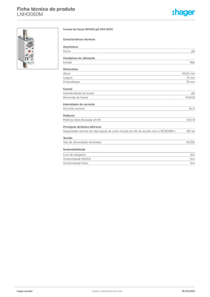 Imagem Hager Ficha técnica do produto LNH0050M | Hager Portugal