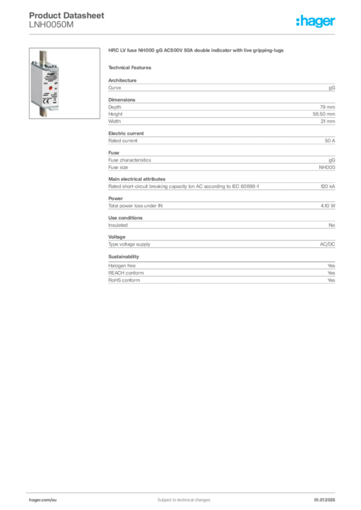 Image Hager Product data sheet LNH0050M  | Hager Australia