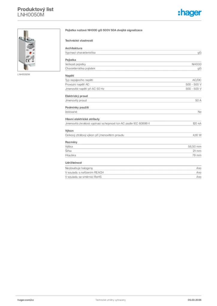 Obrázek Hager Product data sheet LNH0050M | Hager