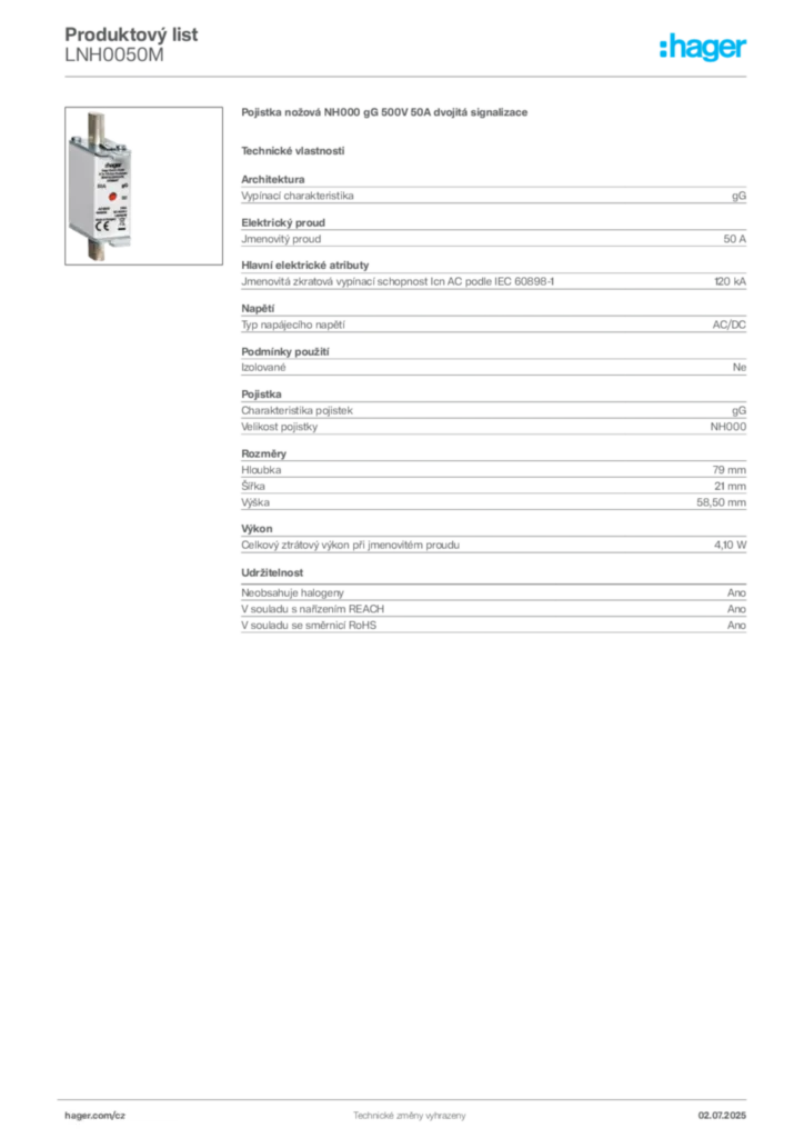 Obrázek Hager Produktový list LNH0050M | Hager