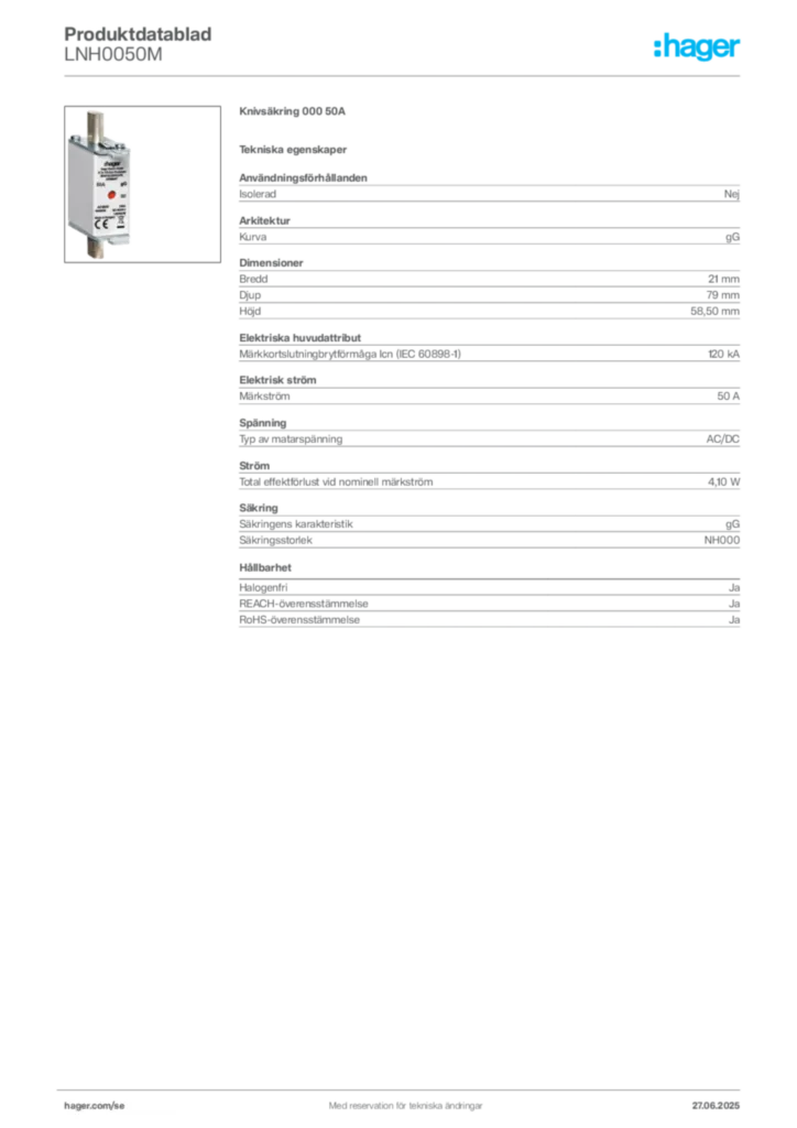 Bild Hager Produktdatablad LNH0050M | Hager Sverige