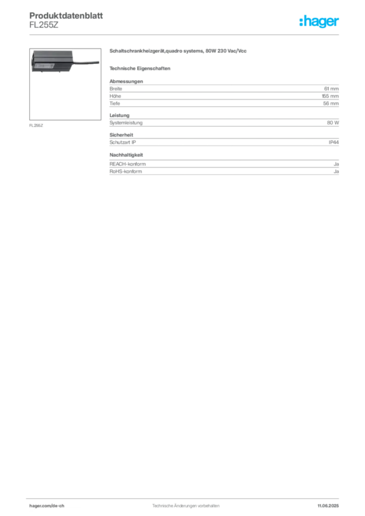 Bild Hager Produktdatenblatt FL255Z | Hager Schweiz