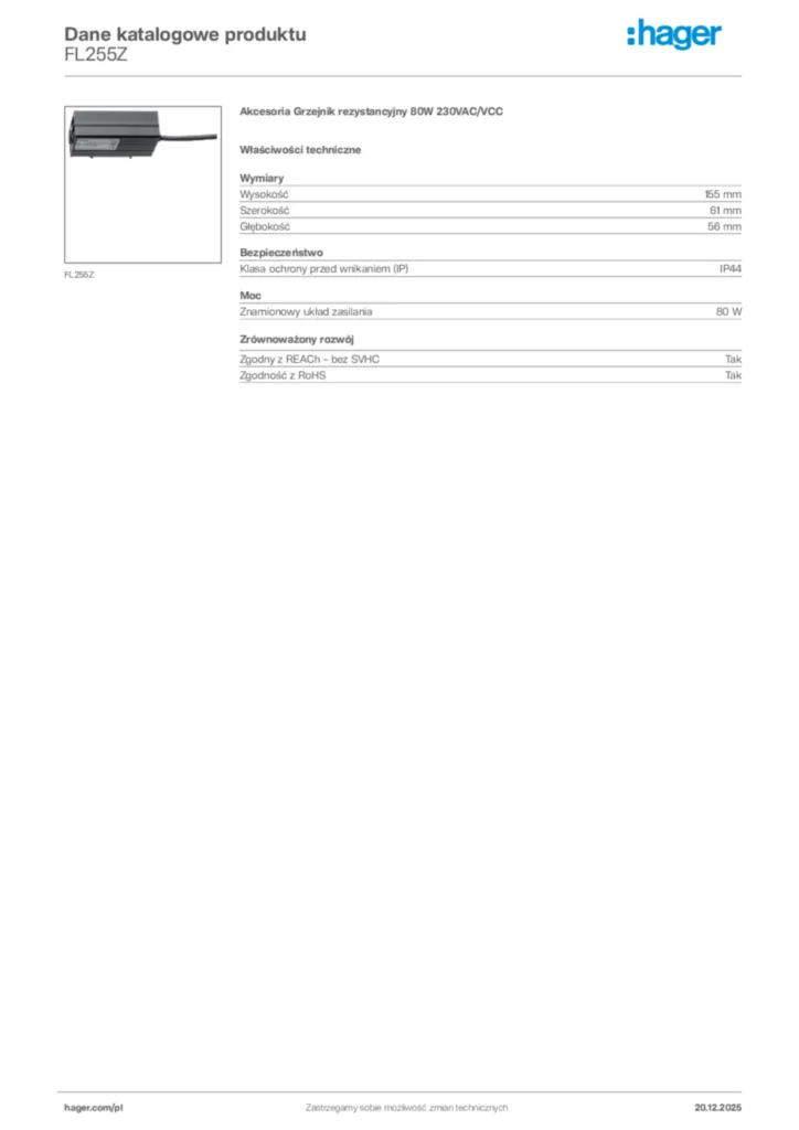 Zdjęcie Hager Dane katalogowe produktu FL255Z | Hager Polska