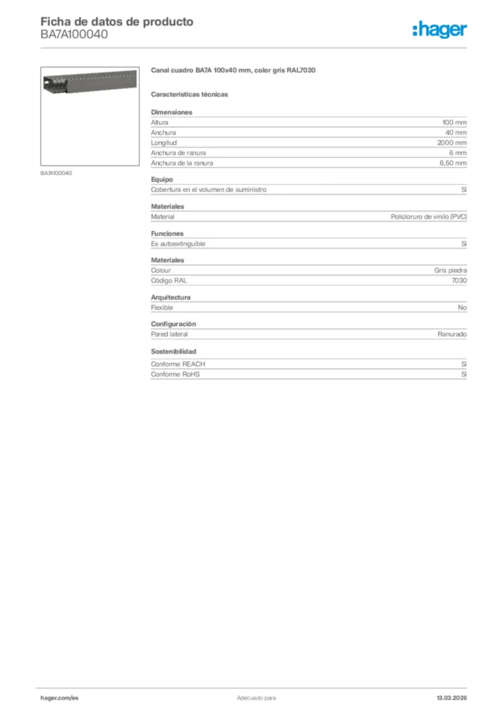 Imagen Hager Ficha de datos de producto BA7A100040 | Hager España