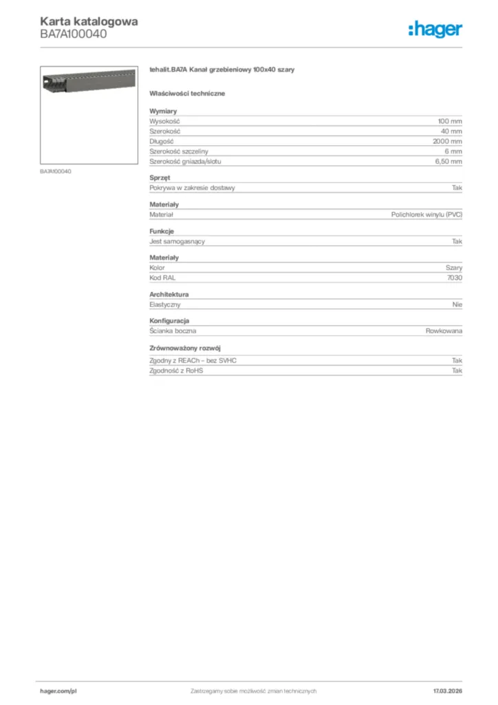 Zdjęcie Hager Karta katalogowa BA7A100040 | Hager Polska