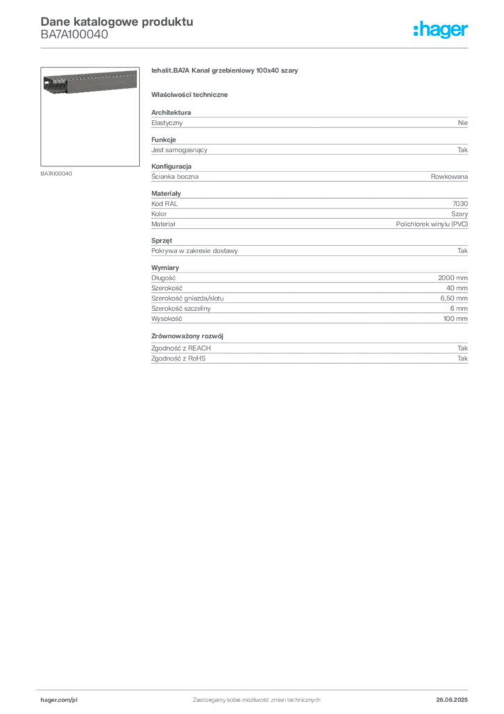 Zdjęcie Hager Dane katalogowe produktu BA7A100040 | Hager Polska