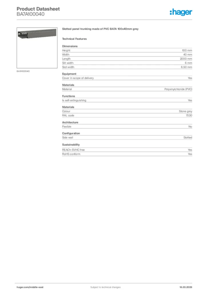 Image Hager Product data sheet BA7A100040  | Hager