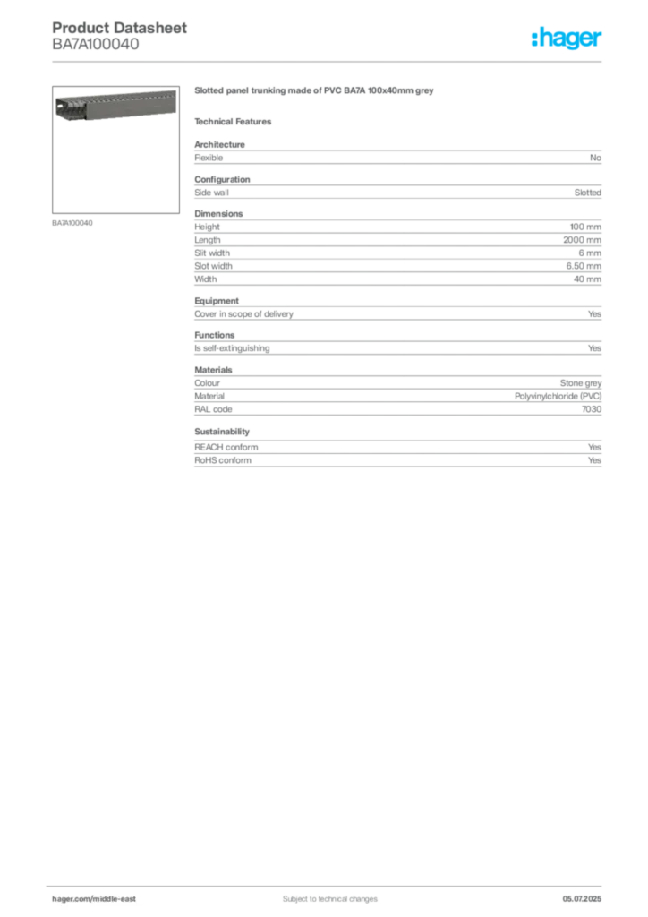 Image Hager Product data sheet BA7A100040  | Hager