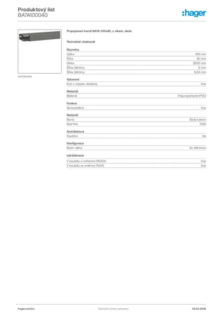 Obrázek Hager Product data sheet BA7A100040 | Hager
