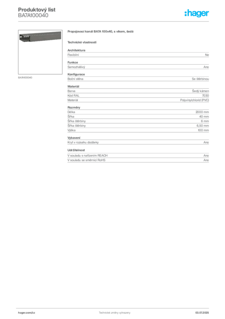 Obrázek Hager Produktový list BA7A100040 | Hager