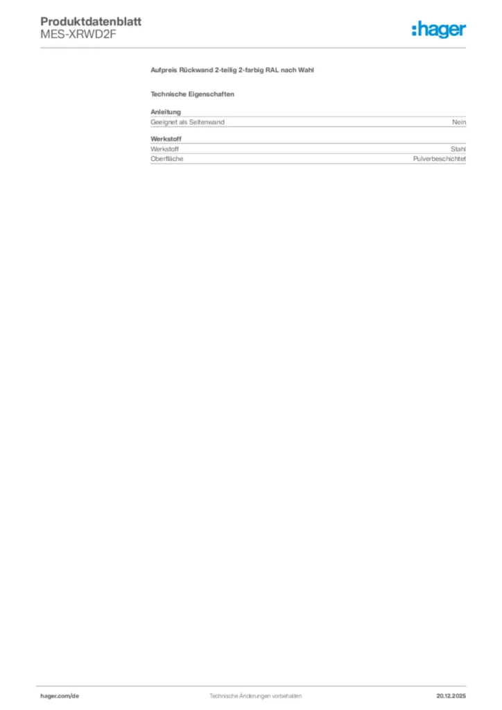 Bild Hager Produktdatenblatt MES-XRWD2F | Hager Deutschland