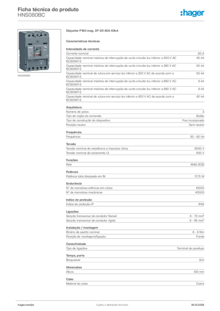 Imagem Hager Ficha técnica do produto HNS080BC | Hager Portugal