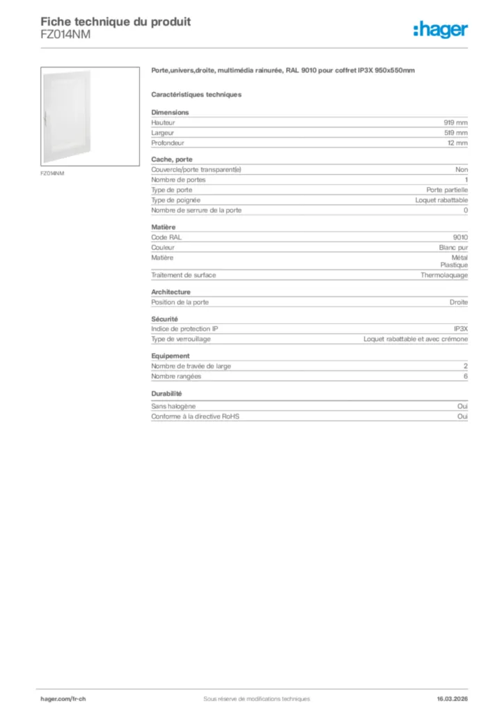 Image Hager Fiche technique du produit FZ014NM | Hager Suisse