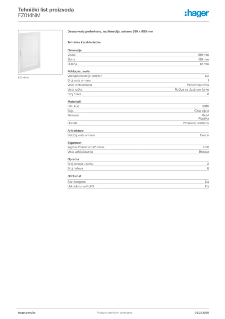 Slika Hager Tehnički list proizvoda FZ014NM  | Hager