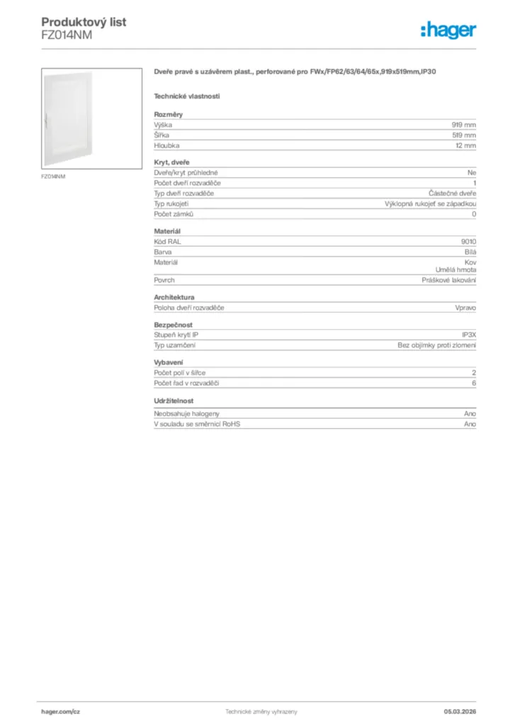 Obrázek Hager Product data sheet FZ014NM | Hager