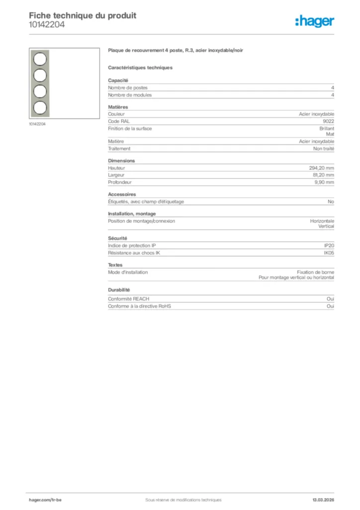 Image Hager Fiche technique du produit 10142204 | Hager Belgique