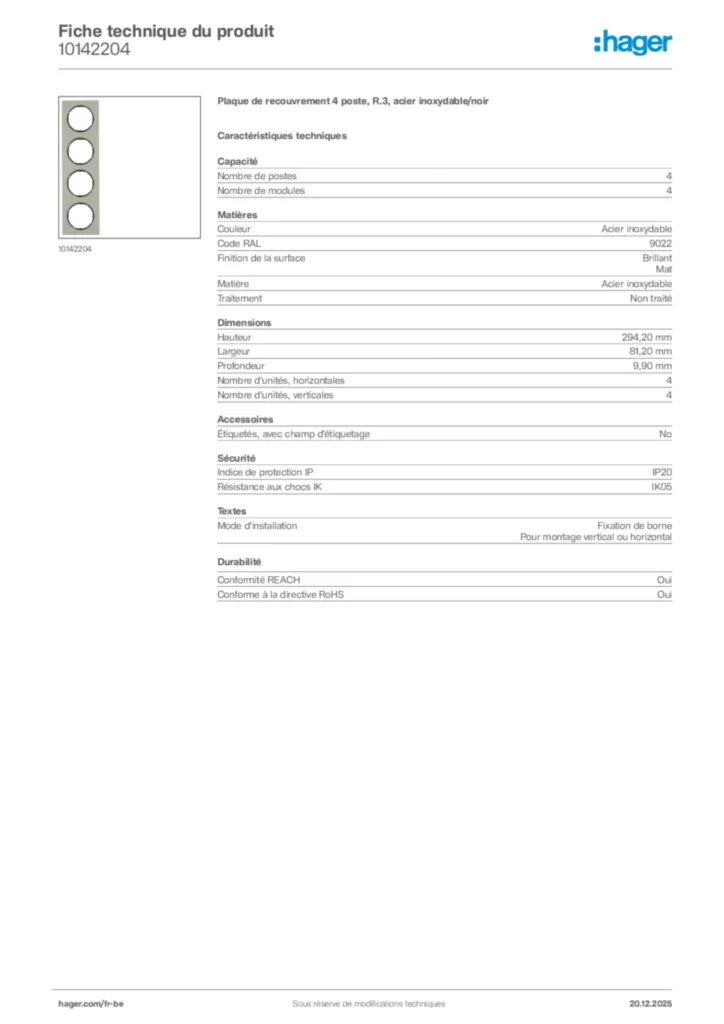 Image Hager Fiche technique du produit 10142204 | Hager Belgique