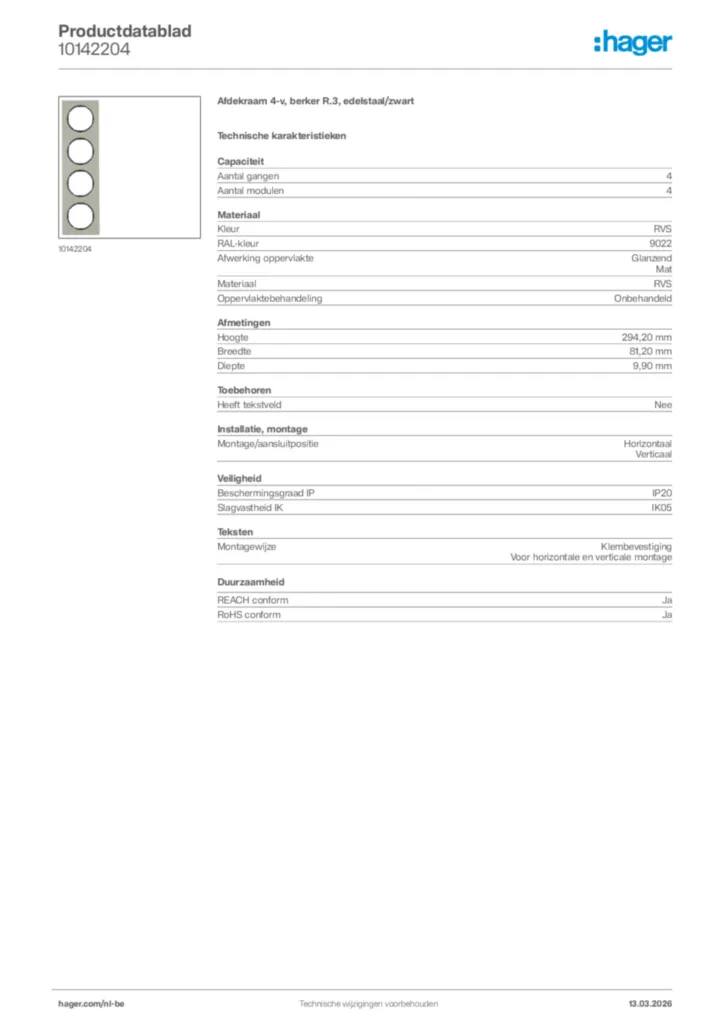 Afbeelding Hager Productdatablad 10142204 | Hager Belgium