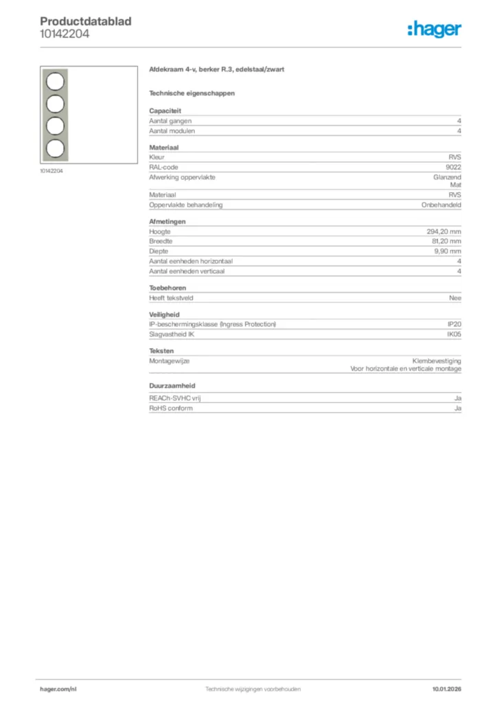 Afbeelding Hager Productdatablad 10142204 | Hager Nederland