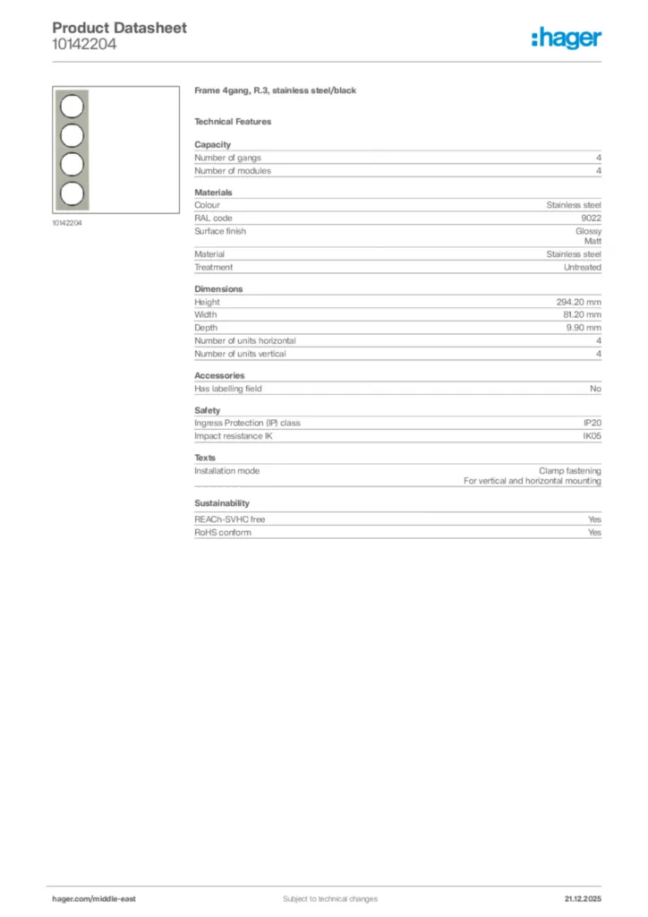 Image Hager Product data sheet 10142204  | Hager
