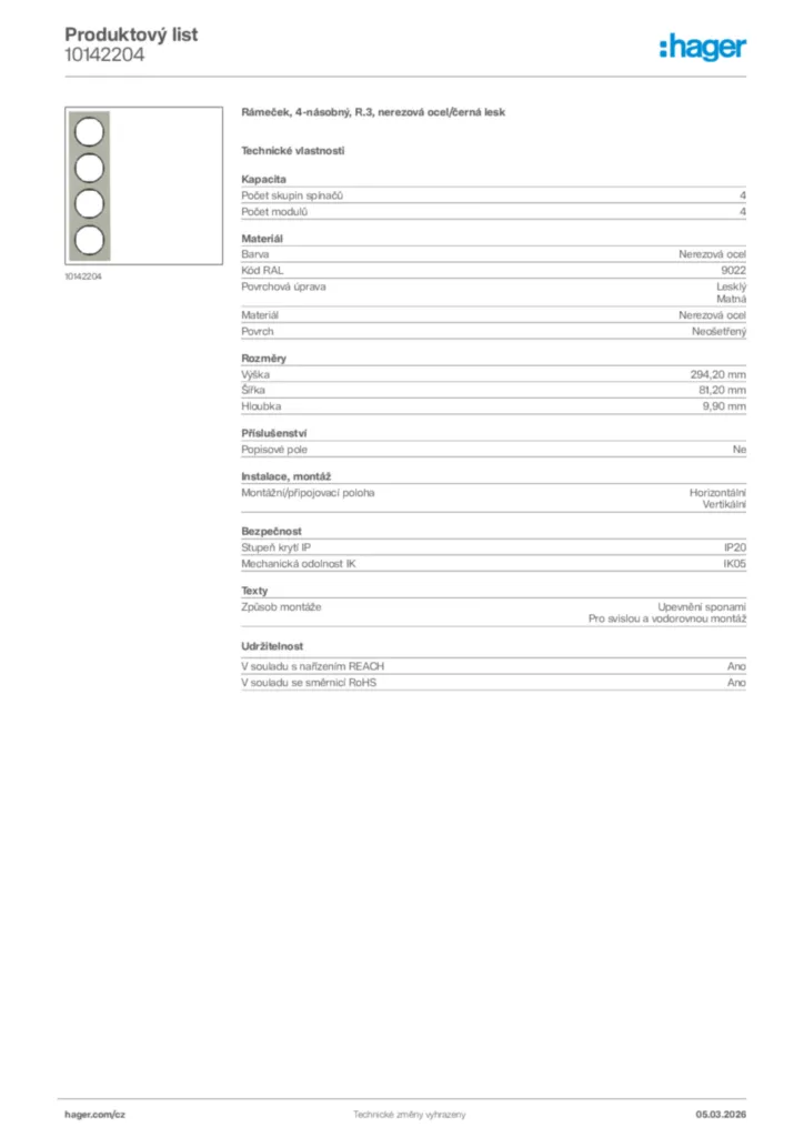 Obrázek Hager Product data sheet 10142204 | Hager