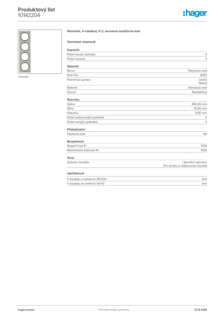 Obrázek Hager Produktový list 10142204 | Hager