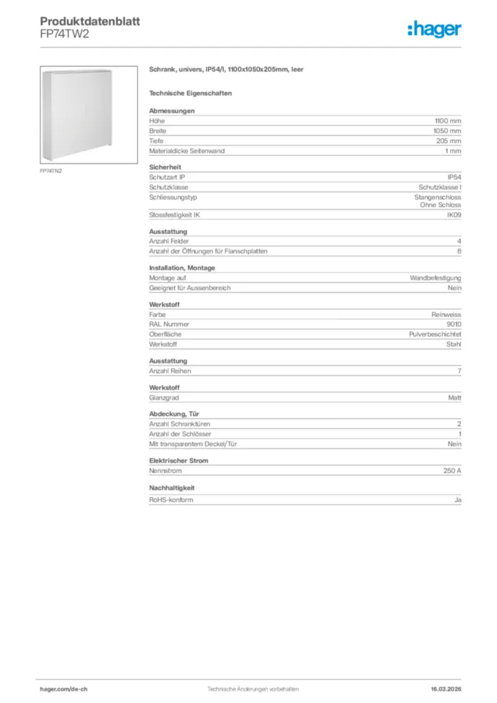 Bild Hager Produktdatenblatt FP74TW2 | Hager Schweiz