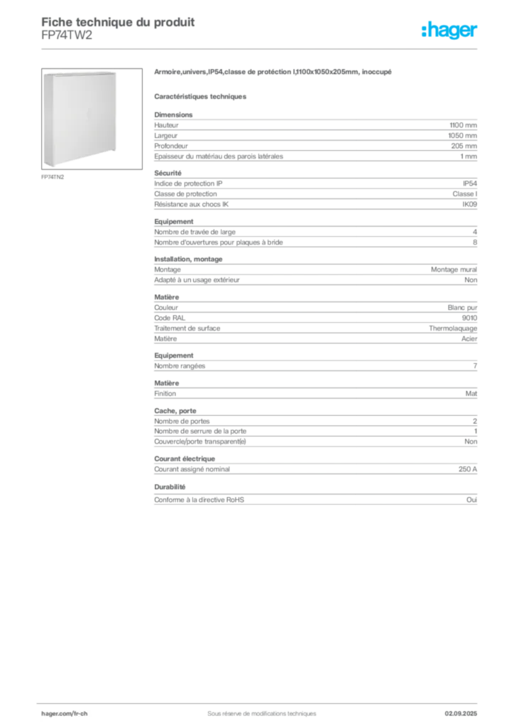 Image Hager Fiche technique du produit FP74TW2 | Hager Suisse