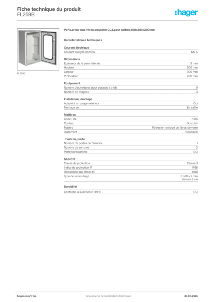 Image Hager Fiche technique du produit FL259B | Hager Belgique
