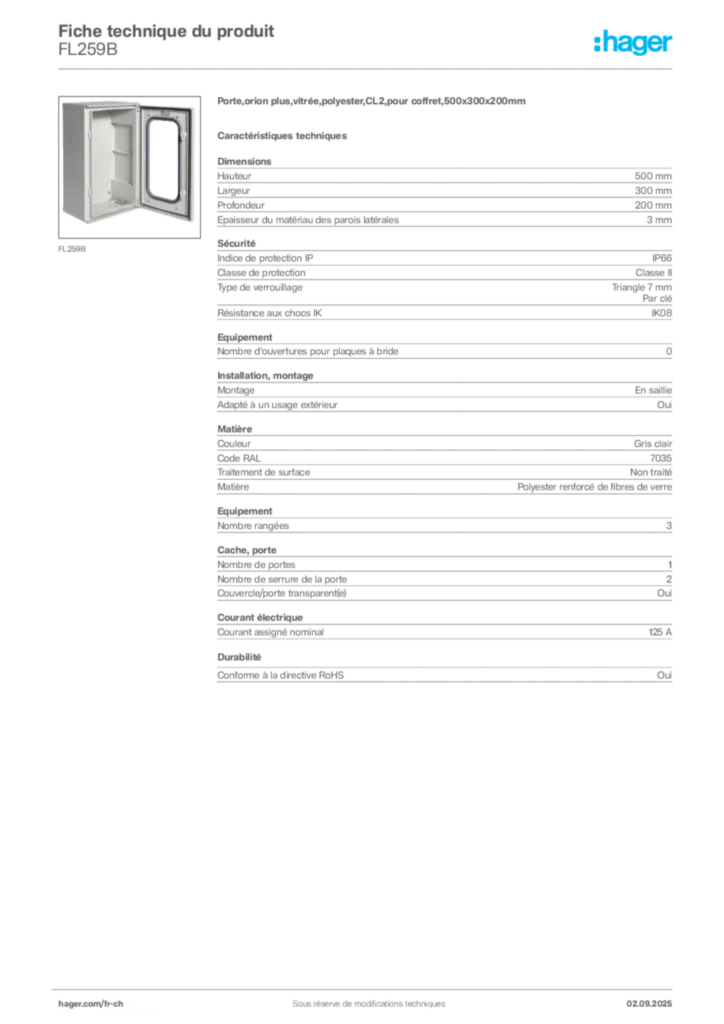 Image Hager Fiche technique du produit FL259B | Hager Suisse