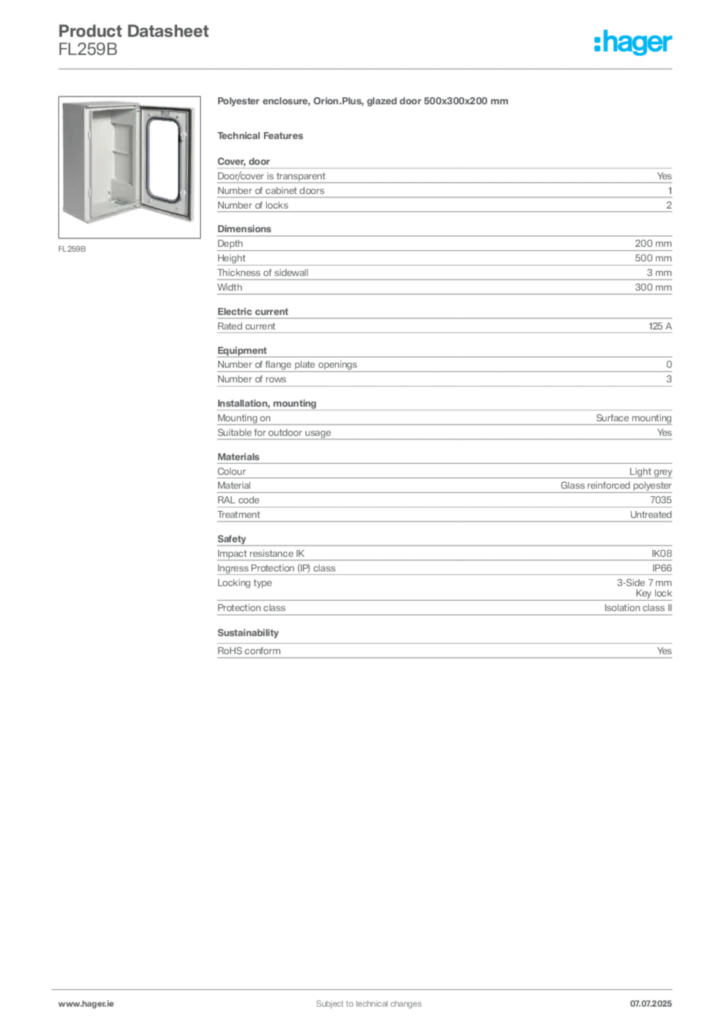 Image Hager Product data sheet FL259B  | Hager