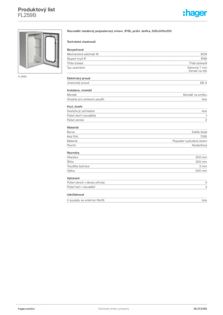 Obrázek Hager Produktový list FL259B | Hager