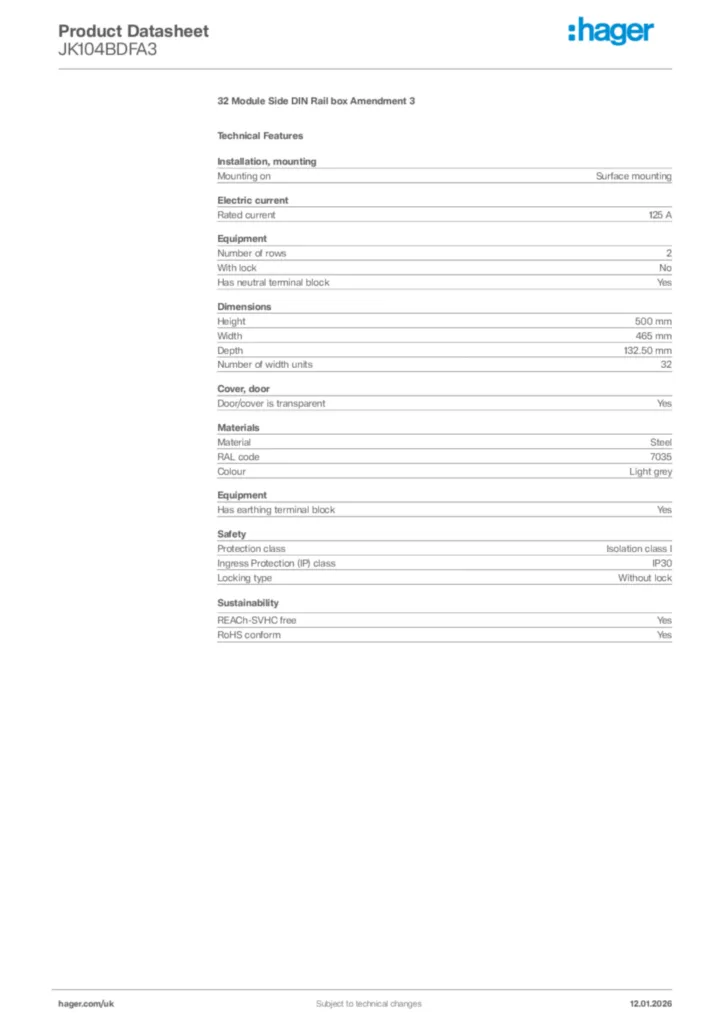 Image Hager Product data sheet JK104BDFA3  | Hager