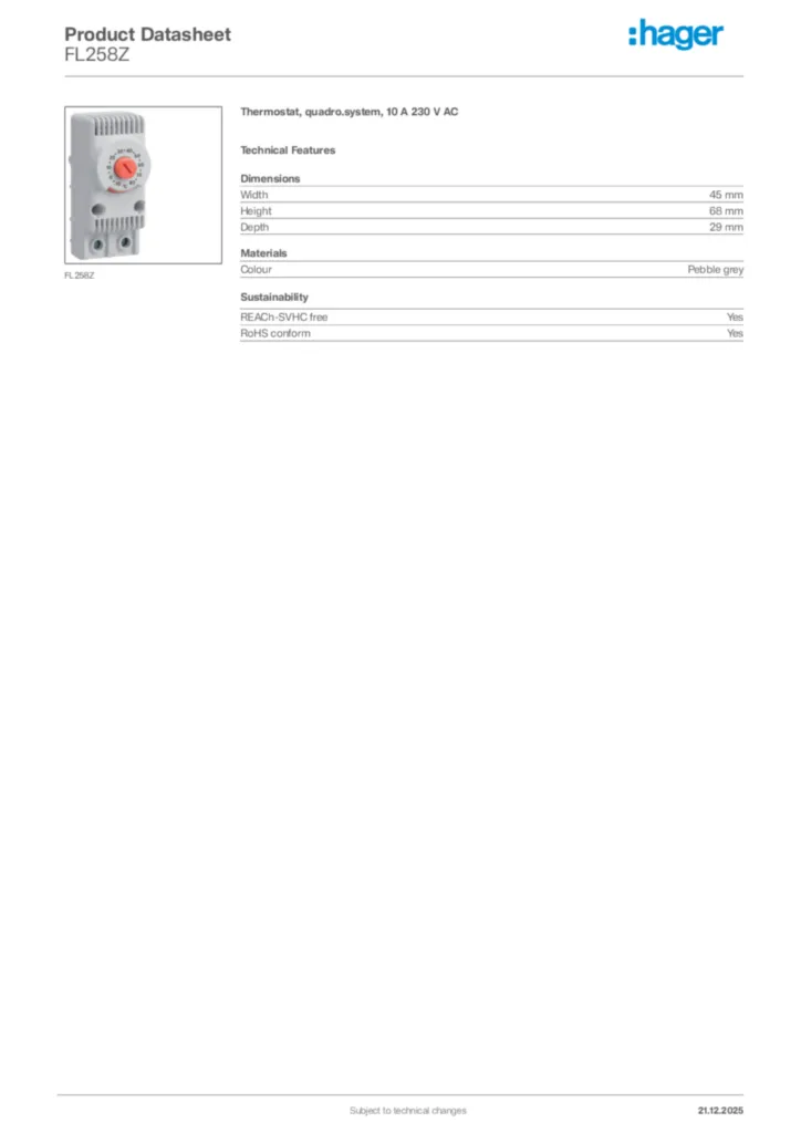 Image Hager Product data sheet FL258Z  | Hager Africa